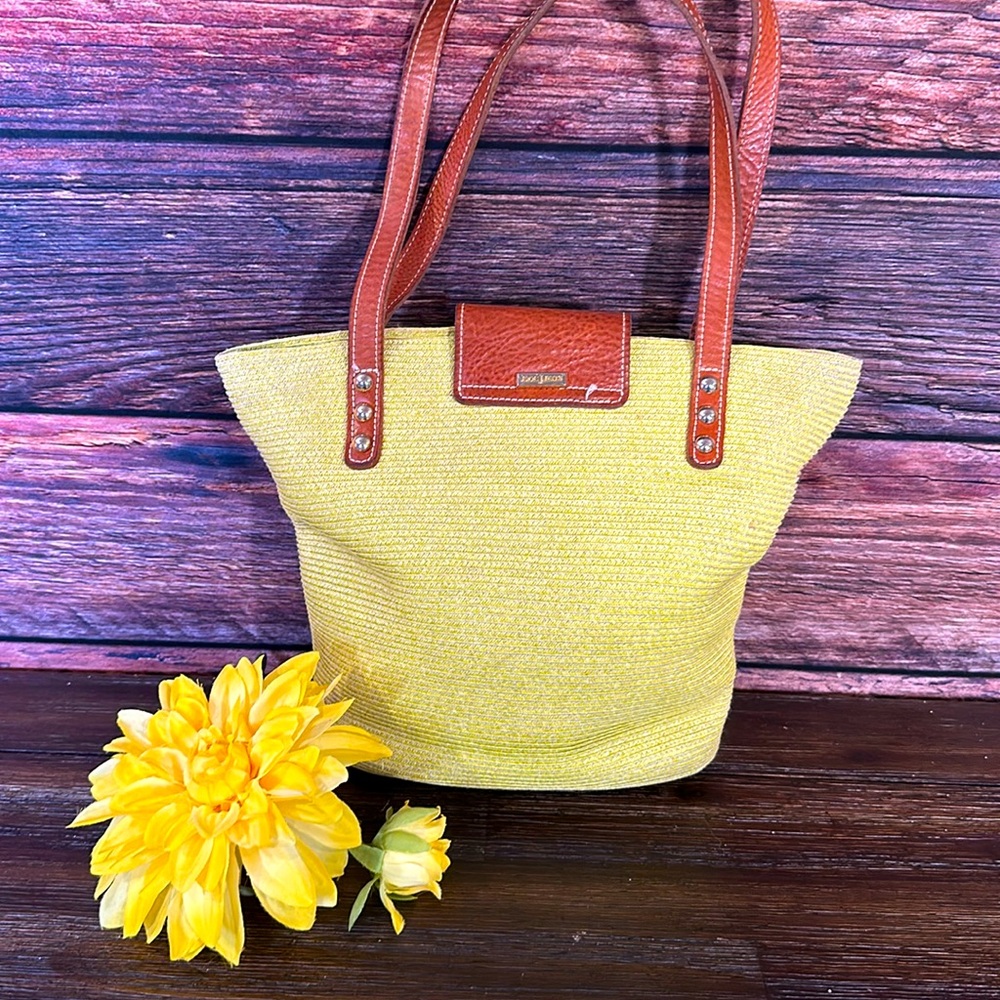 ERIC JAVITS Raffia Leather-Trimmed Shoulder Bag in key line green!